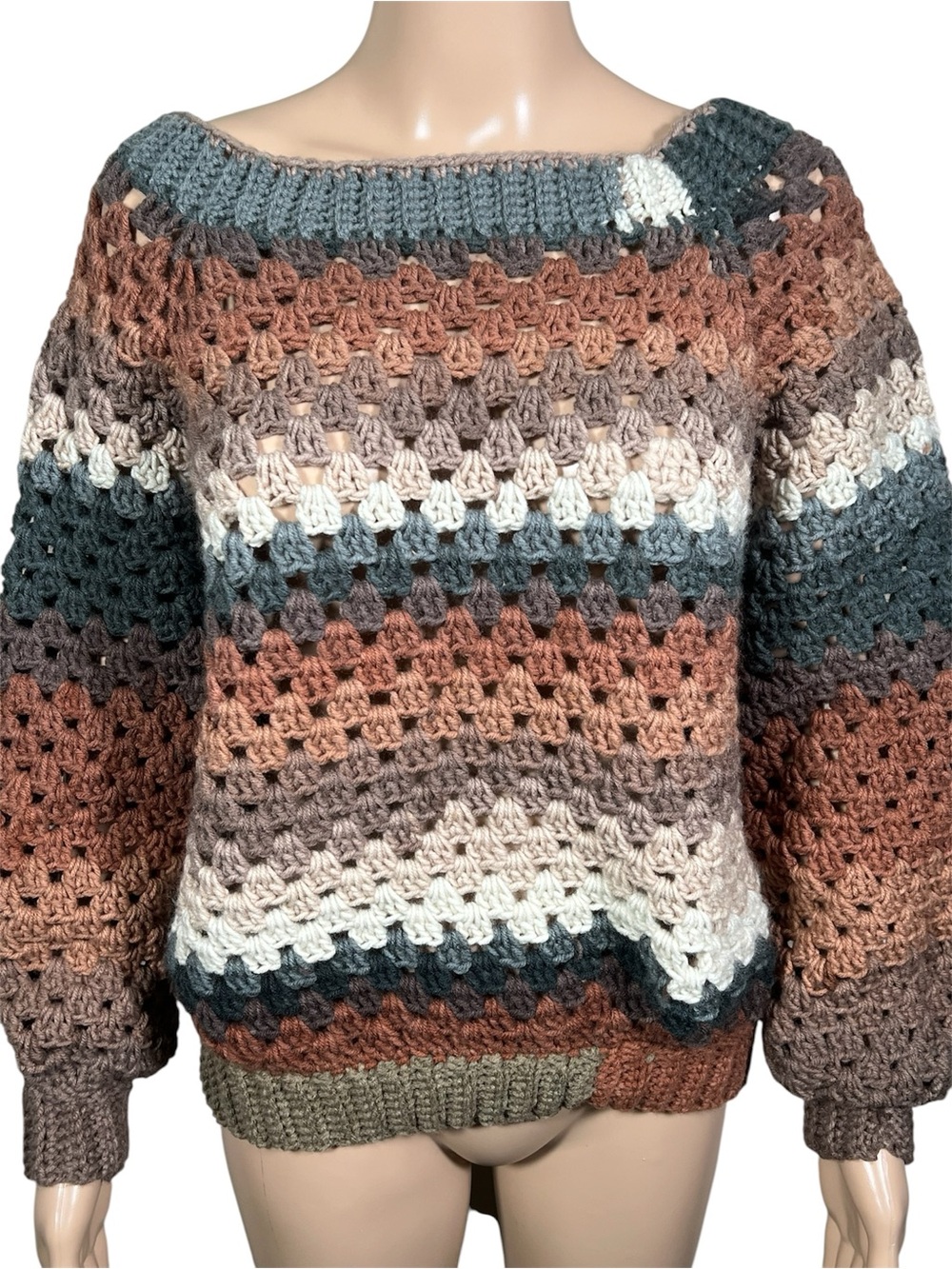 Handmade Striped Sweater Sz S-M Hand Knit Crochet Boho Granny Retro Hippie OOAK